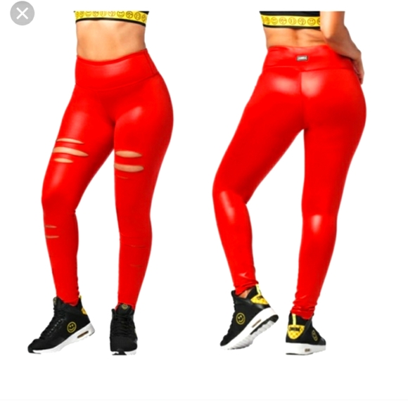 Zumba Fitness Pants - Zumba Red High Waist Slashed Leggings sz Large Lovely or XL NWT Faux Leather